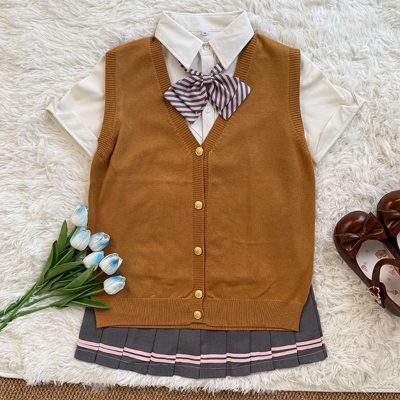 日系自搭jk制服秋款款针织马甲开衫背心叠穿学院风灰色百褶裙套装