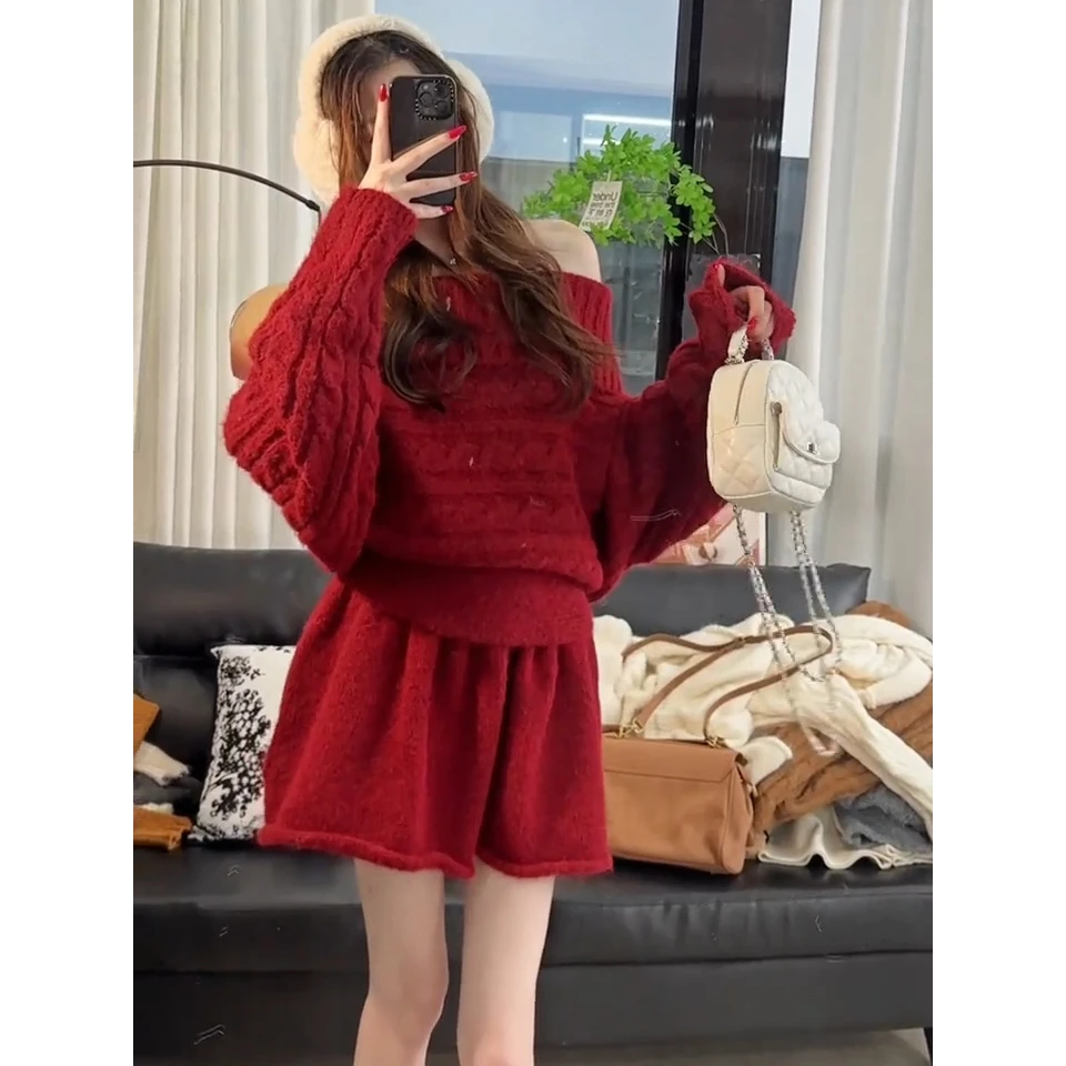 大码女装小个子新年穿搭一整套秋冬慵懒一字肩麻花毛衣半身裙套装