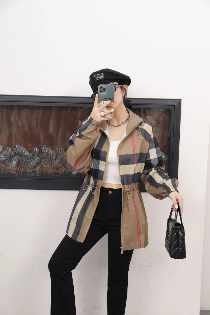 编码【50】2025春季新款条纹格子防晒抽绳收腰连帽遮阳套装-W002