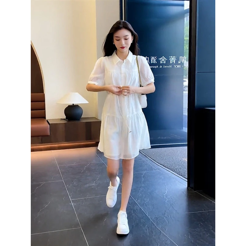 白色简约大方连衣裙女款2025新款夏季小个子轻奢风高级感衬衫裙子