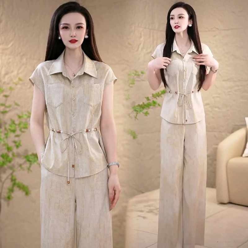 夏装新款收腰减龄短袖衬衫休闲阔腿裤气质两件套潮时尚洋气套装女