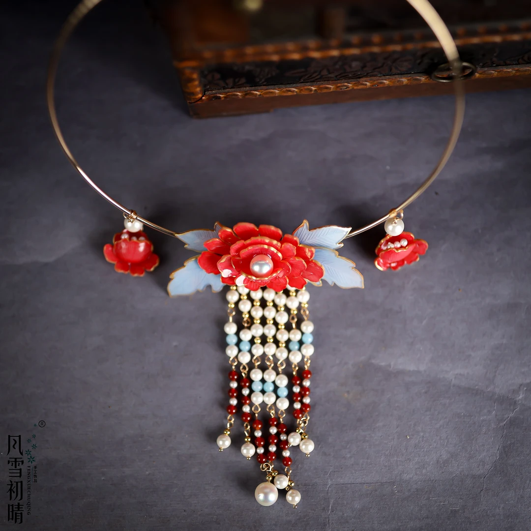 铜合金项链 风雪初晴 牡丹韵璎珞小锦鲤璎珞系列【红色系】手工汉服