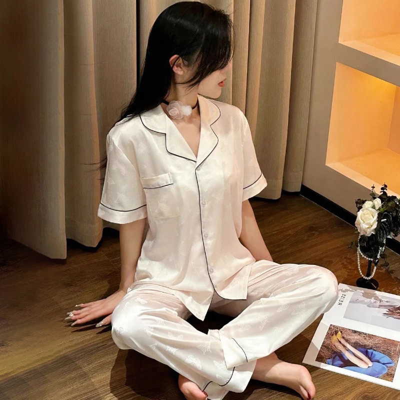 【蝶舞翩翩】2025时尚简约印花女士短袖长裤春夏季可外穿睡衣套装