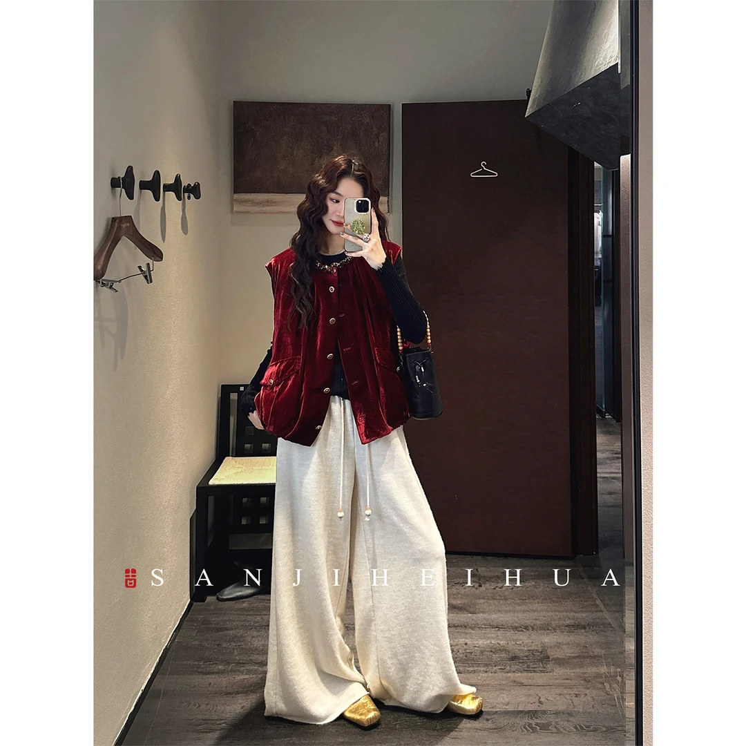 三吉黑花【今也】新中式织金阔腿裤休闲加绒针织裤子女2025加厚冬