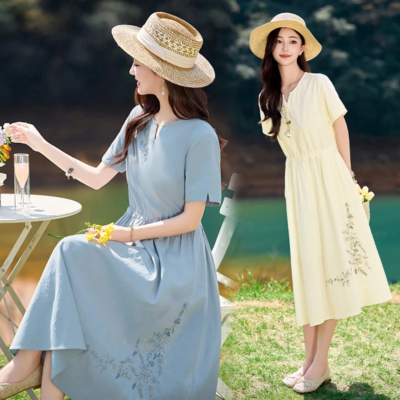 2025新款国风纯棉夏高级感气质减龄显瘦中长款裙子2905