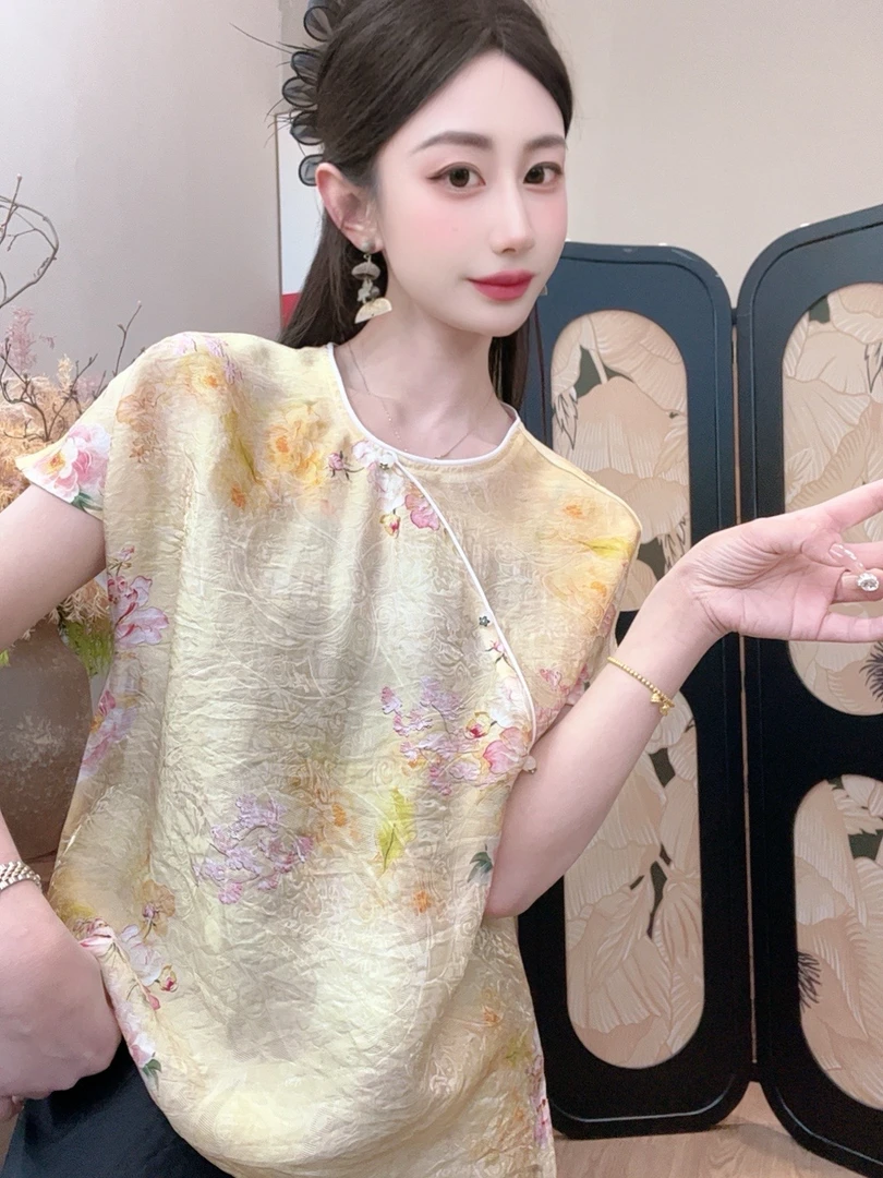 【花容】2025夏季新款短袖百搭显瘦新中式短袖女日常时尚气质