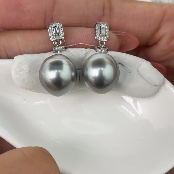 银S925镶嵌耳饰定制海水珍珠12-13铂金灰两颗