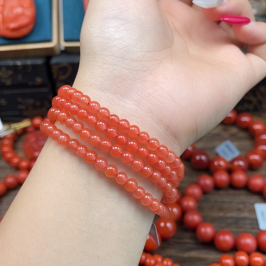 南红玛瑙未镶嵌手串放漏 保山杨柳乡樱桃红卡4mm+佛珠