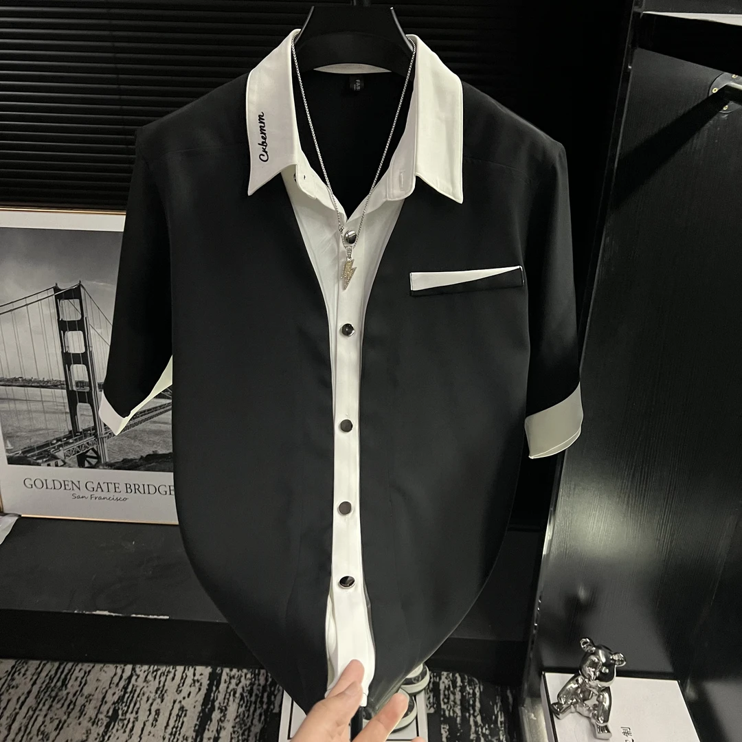 H-夏季新款时尚百搭衬衣男士中袖拼接衬衫潮流百搭休闲开衫