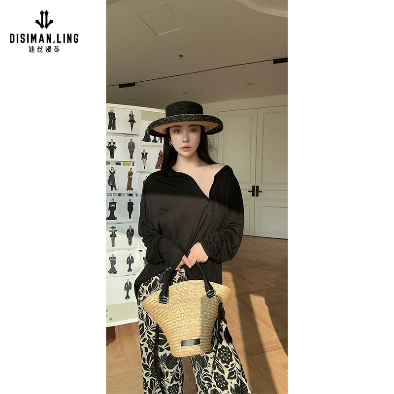 【迪丝嫚苓】100%莱赛尔黑色T恤长袖时尚百搭修身显瘦女可外穿打底