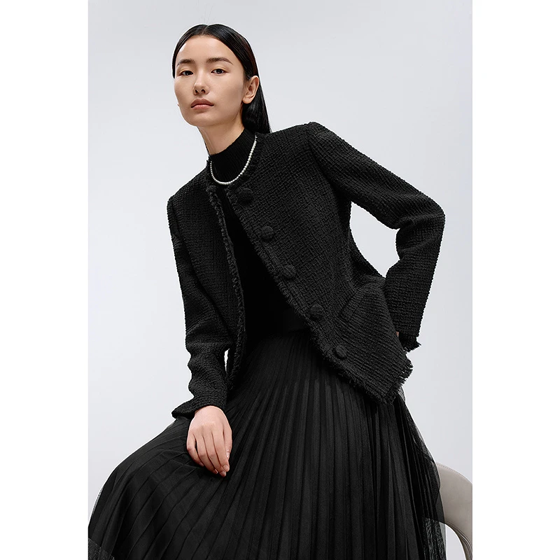 【商场同款】LANCY 年春新款法式粗花呢小香风收腰外套女气质黑色上