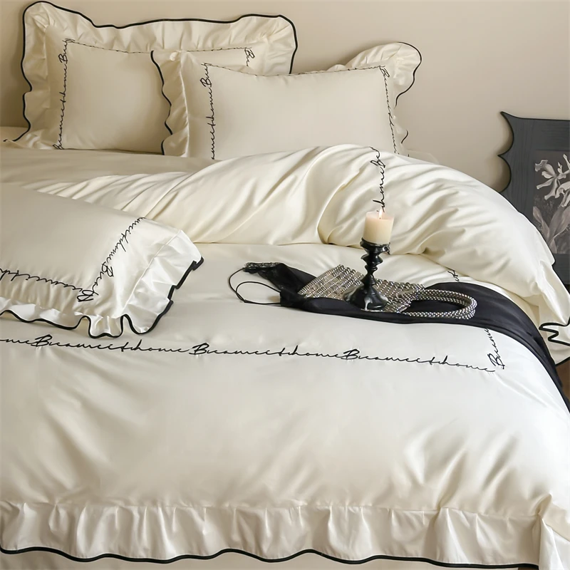 路约威格秋冬保暖全棉磨毛四件套新款法式花边被套白色少床上用品