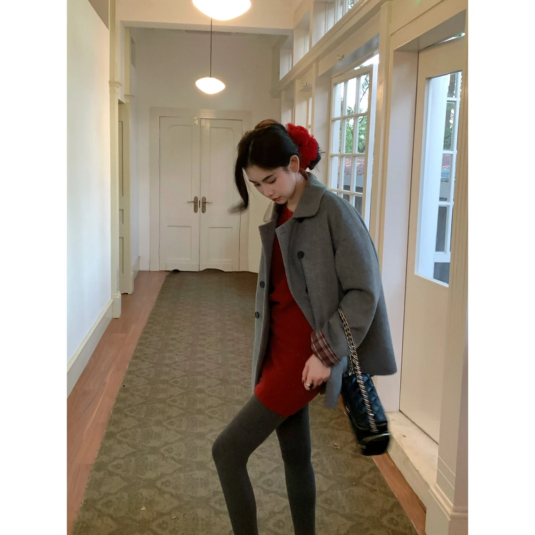 【赵小小yimao】76877 秋冬季灰色拼接斗篷毛呢大衣呢子中长款外套