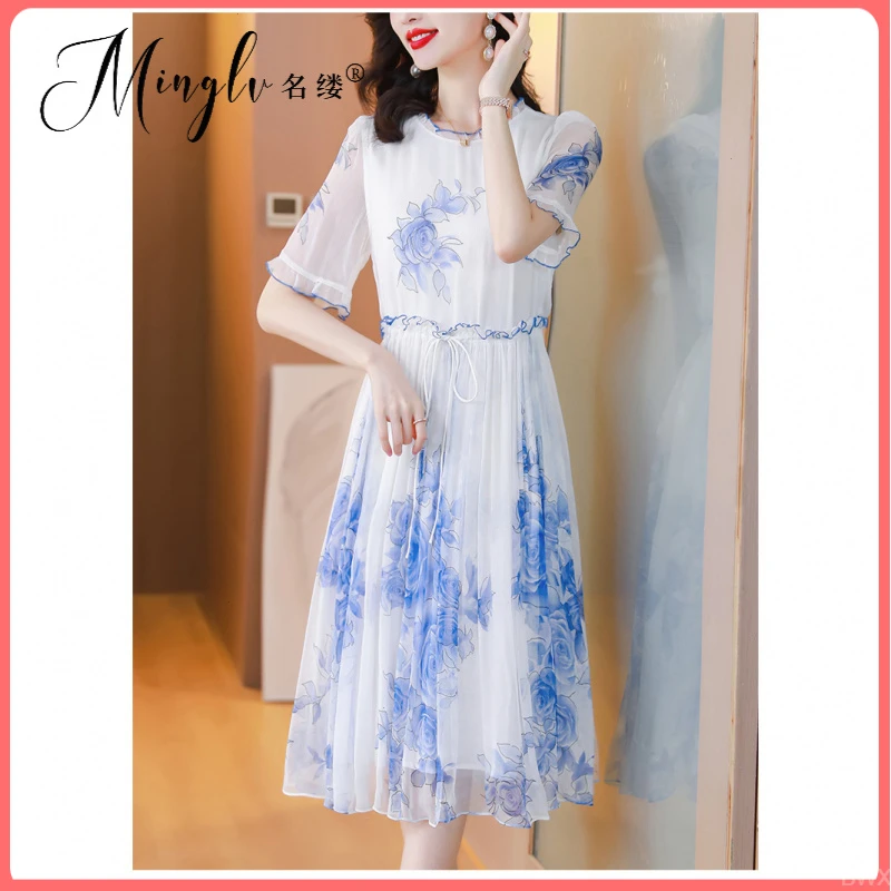 新款夏季连衣裙2025适合海边拍照的裙子印花短袖连衣裙女气质收腰