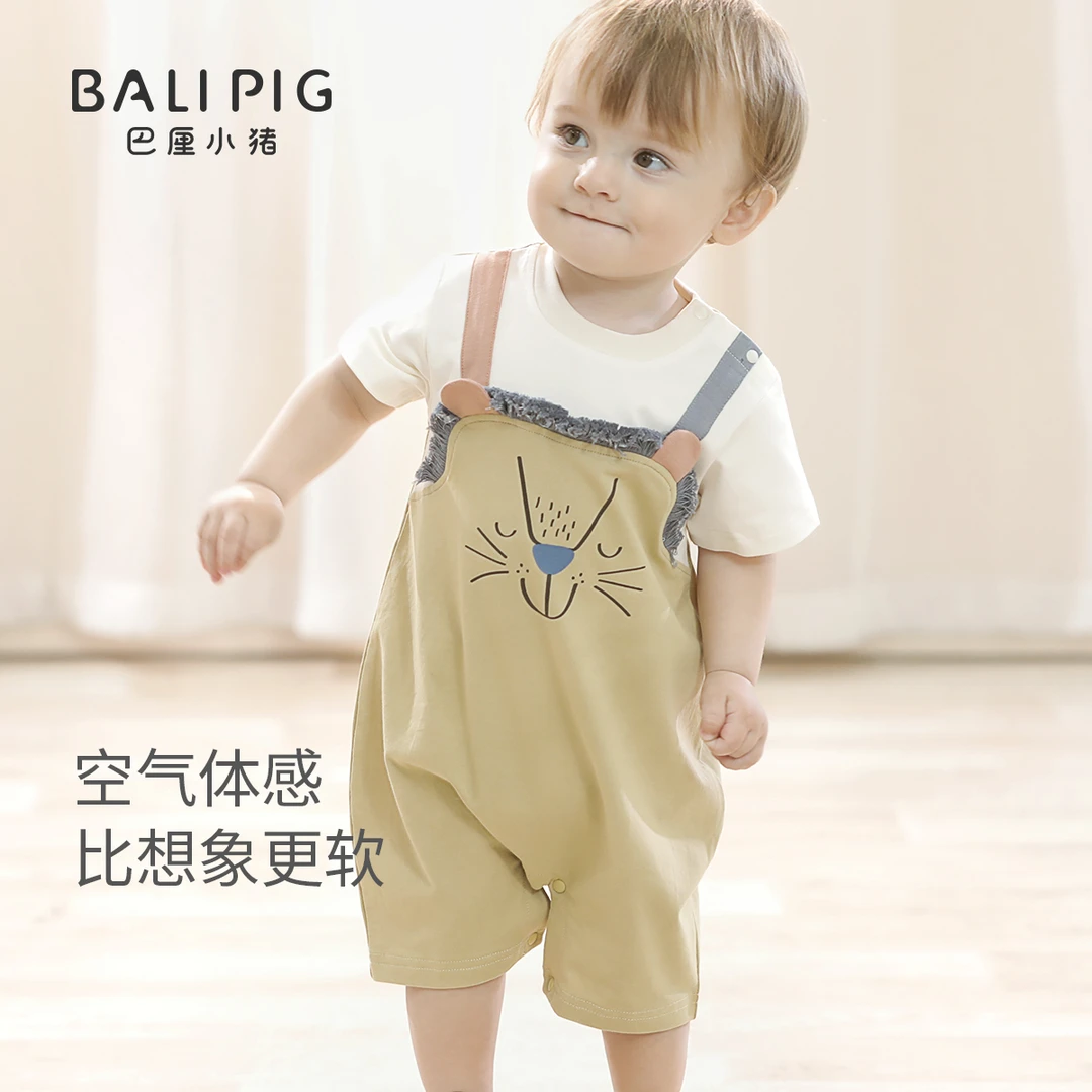 婴儿外出服夏季背带假两件套短袖薄款连体哈衣超萌可爱男宝宝夏装