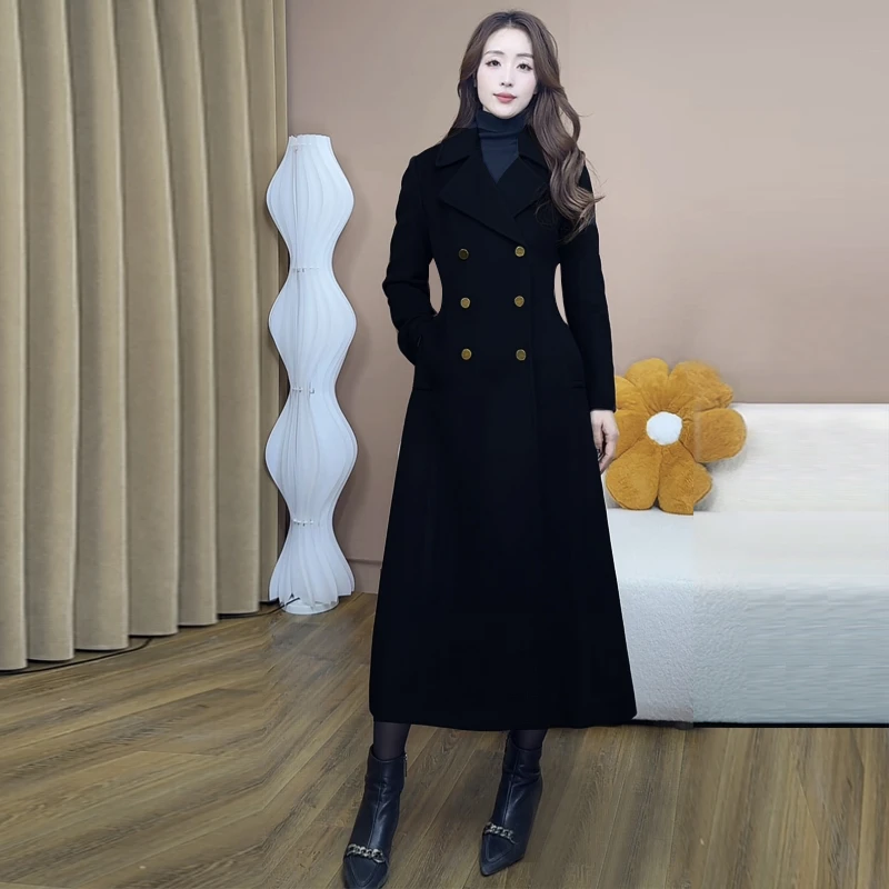 黑色时尚毛呢长款毛呢外套女保暖军旅风中长款显瘦双排扣羊毛大衣