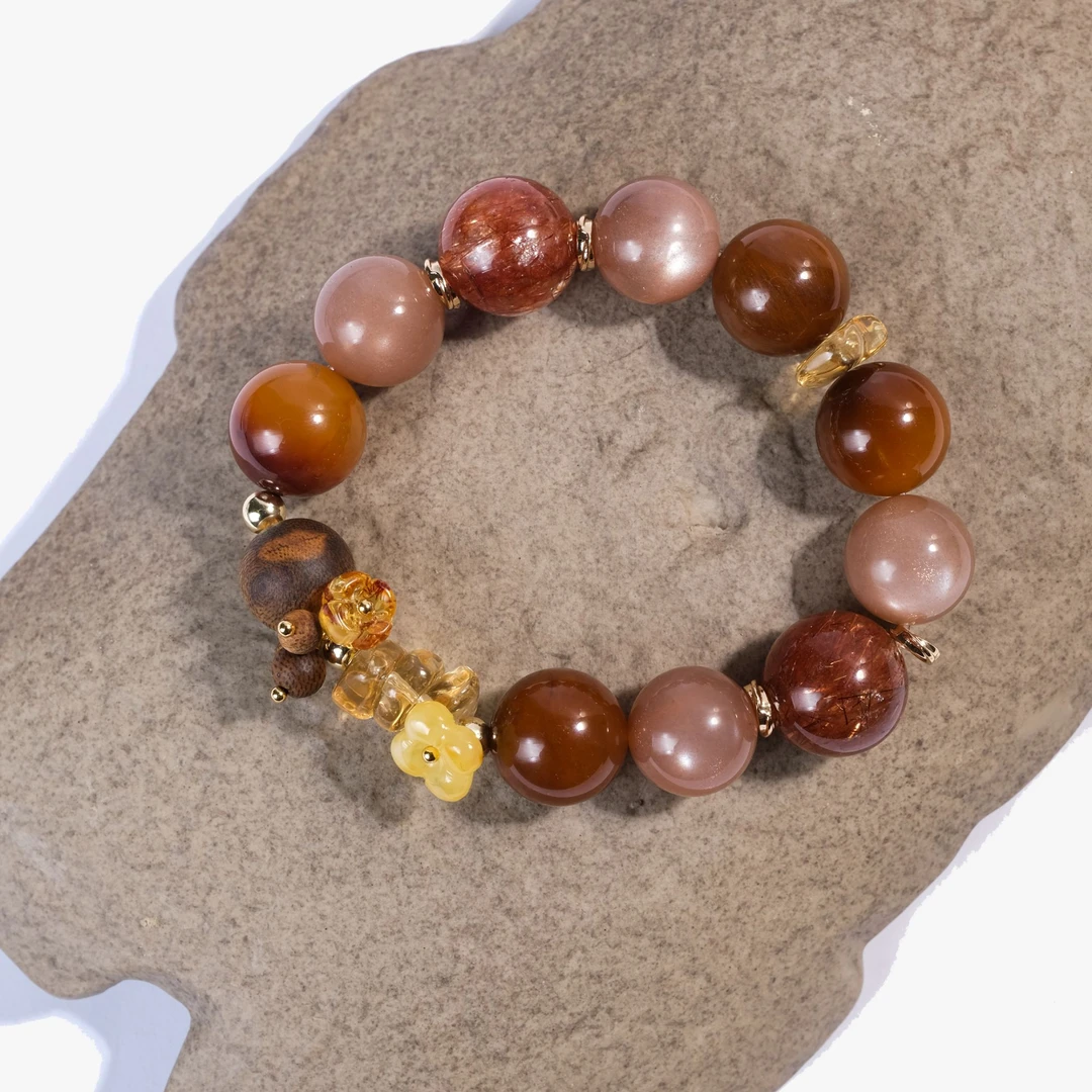 【香岛屿汐】莓果小花·红兔毛黄水晶蜜蜡琥珀设计手串多样性发其一