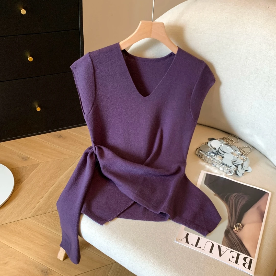 紫色韩版V领短袖针织衫女夏季2025新款不规则设计感收腰显瘦上衣