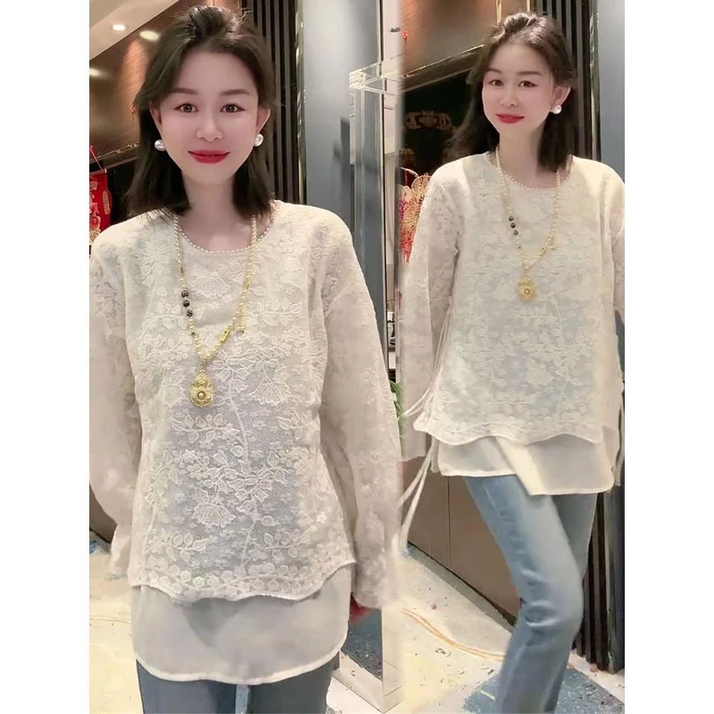 欧货高级感假两件蕾丝刺绣衬衫女2025春新款法式高级感小清新衬衣