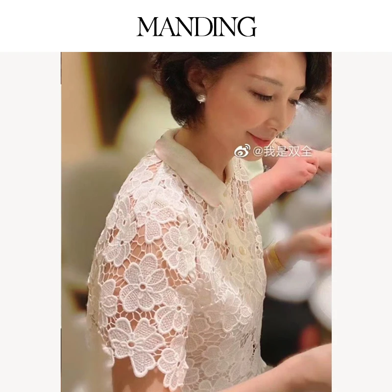 【双全独立设计】白色镂空蕾丝小衫短袖夏季两件套