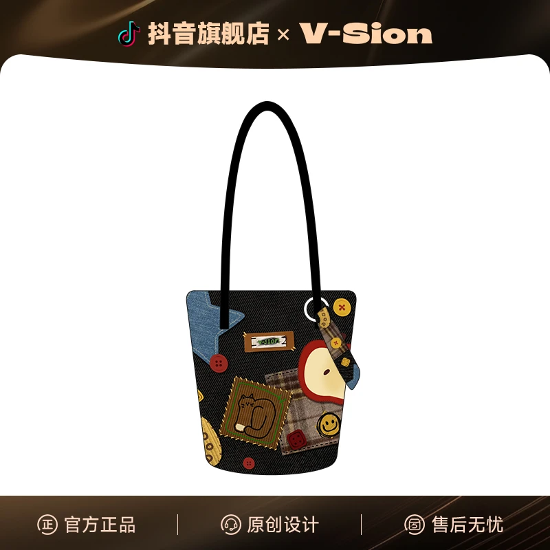 唯鑫V-SION涂鸦拼接新款原创水桶包斜挎单肩包通勤帆布夏天出门女