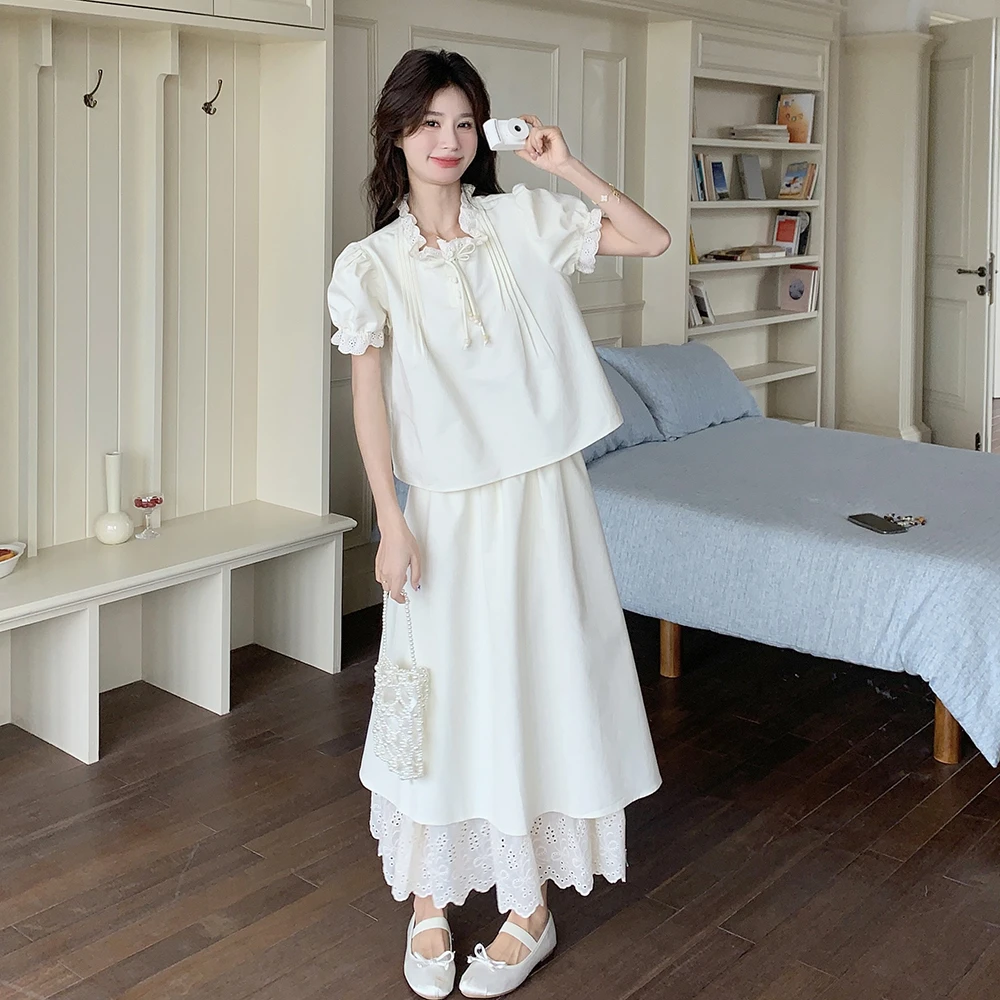 米白色韩版气质甜美上衣套装裙女2025夏季新款氛围感半身裙两件套