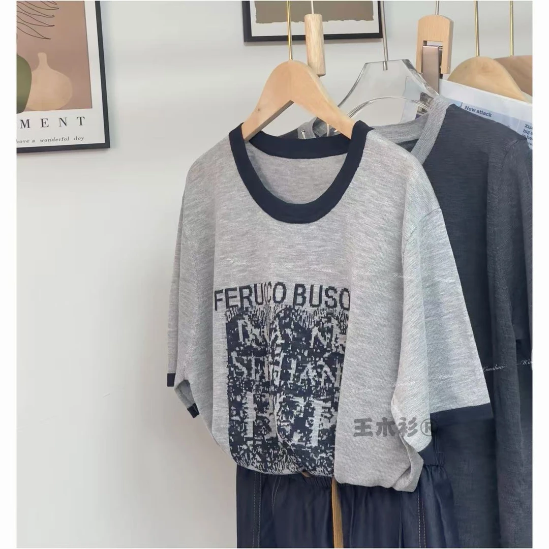 好看！竹节麻提花字母圆领休闲风宽松型T恤撞色针织衫轻熟风上衣