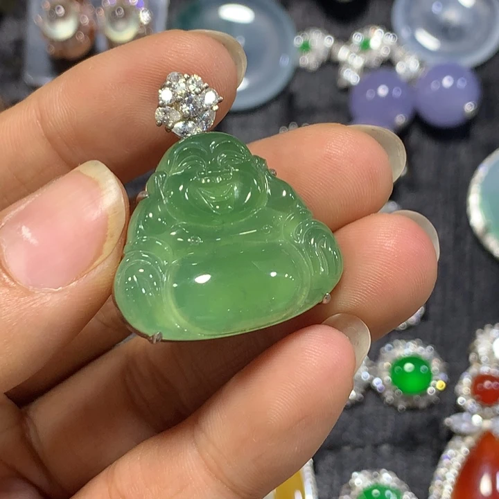 就***个银S925镶嵌翡翠耳饰天然翡翠佛公吊坠
