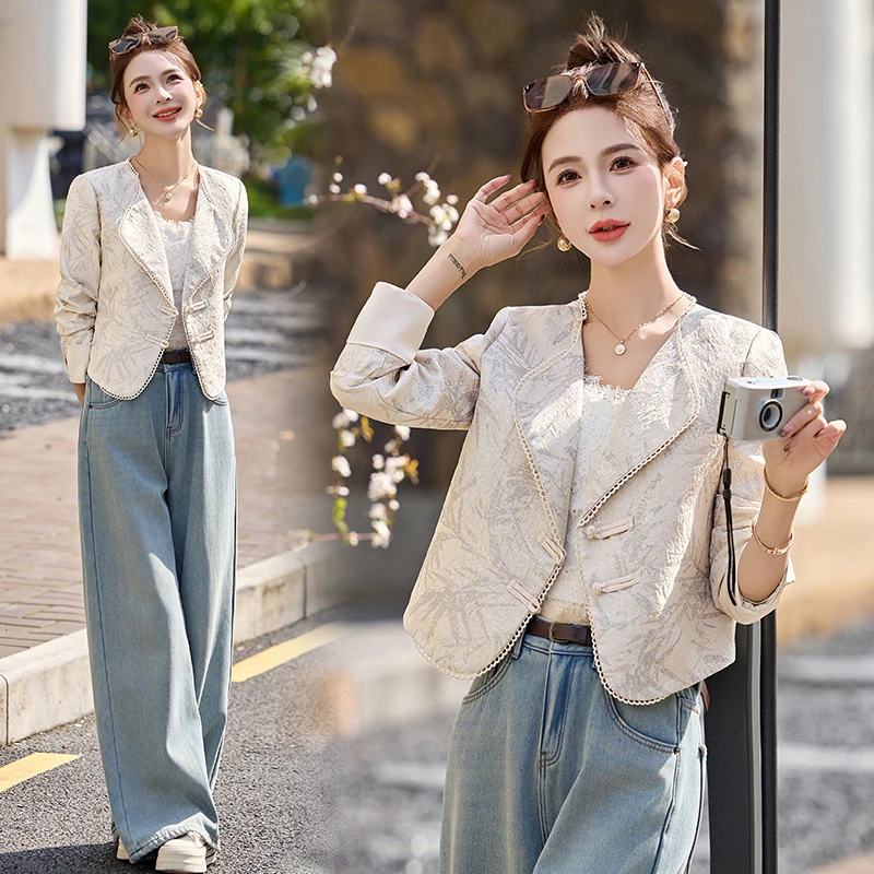 新中式国风提花外套女2025春季新款高级感复古盘扣小个子短款上衣