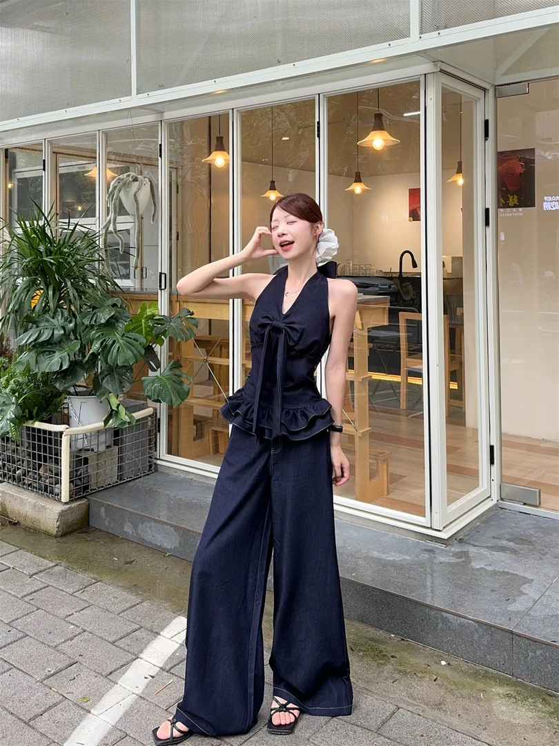 甜菜大码辣妹风套装蝴蝶结挂脖背心女夏季高腰显瘦阔腿长裤两件套