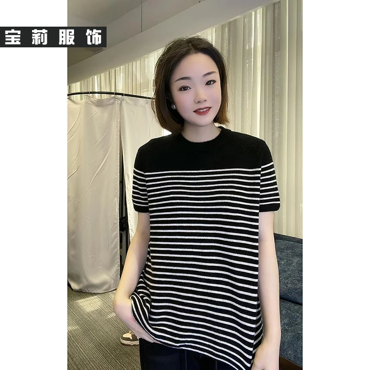 正肩显瘦条纹短袖毛针织衫ZZ004