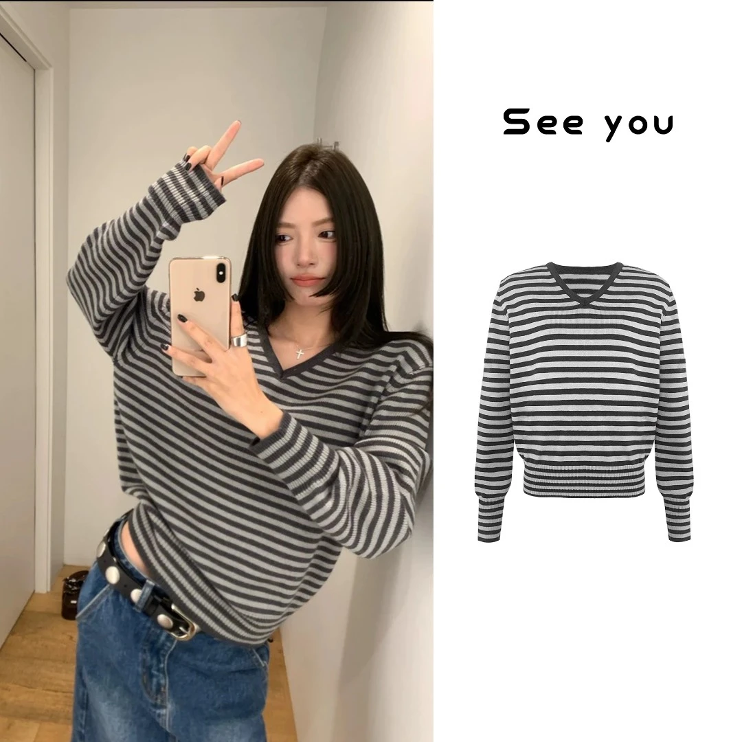 秀场条纹宽松韩系v领条纹毛织上衣A1766
