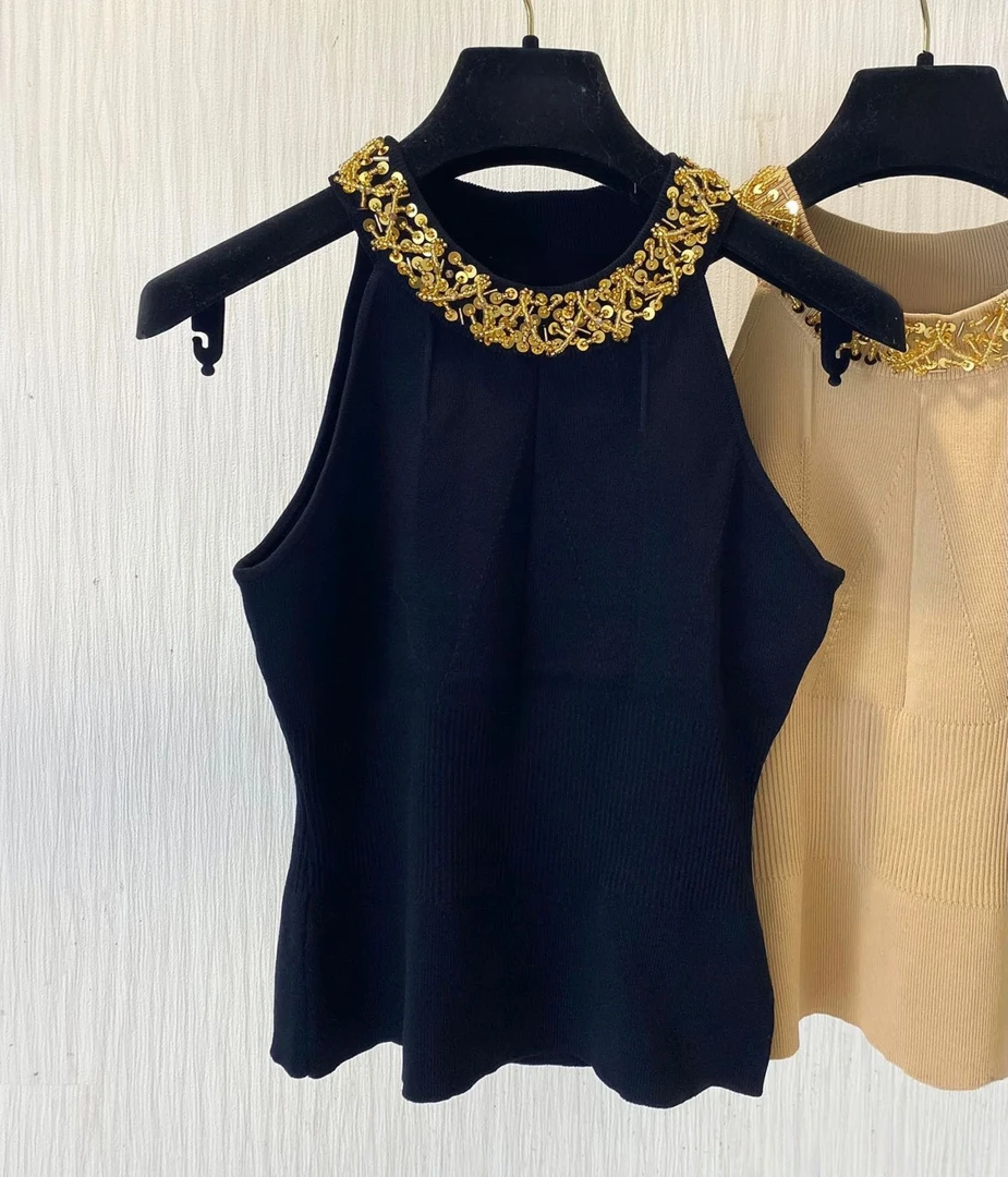 网红爆款2025冬季新款小香风名媛金色亮片钉珠挂脖针织吊带背心女