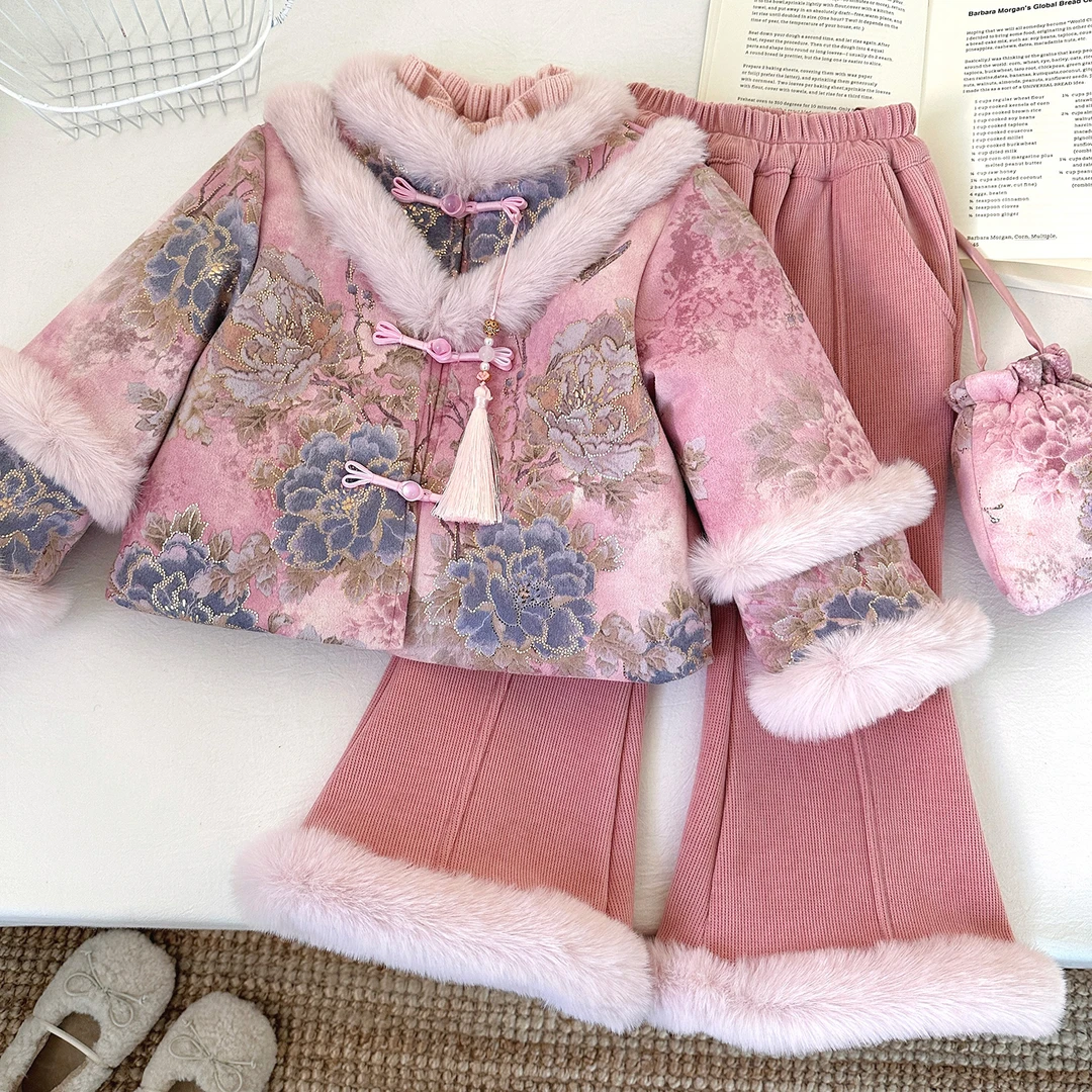 女童秋冬加绒加厚套装高级感冬季外套毛边精美儿童中式汉服D68855