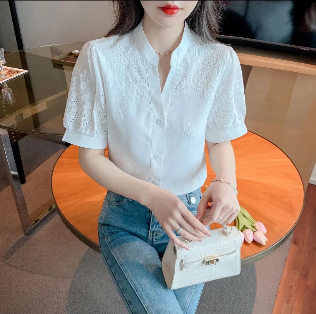 小个子白色短袖衬衫女士2025夏季气质新款上衣时尚洋气减龄小衫