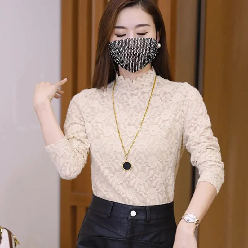 秋冬时尚百搭蕾丝半高领打底衫女秋装时髦洋气外出上档次