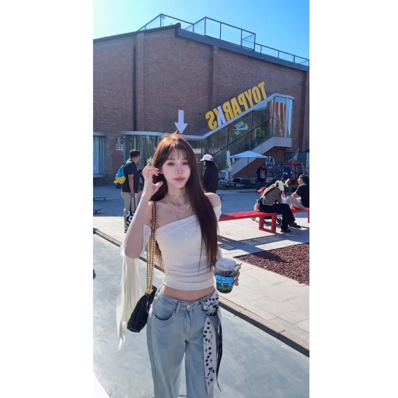 2025夏季新款ins少女感减龄一字肩修身T恤上衣女配显瘦裤子两件套