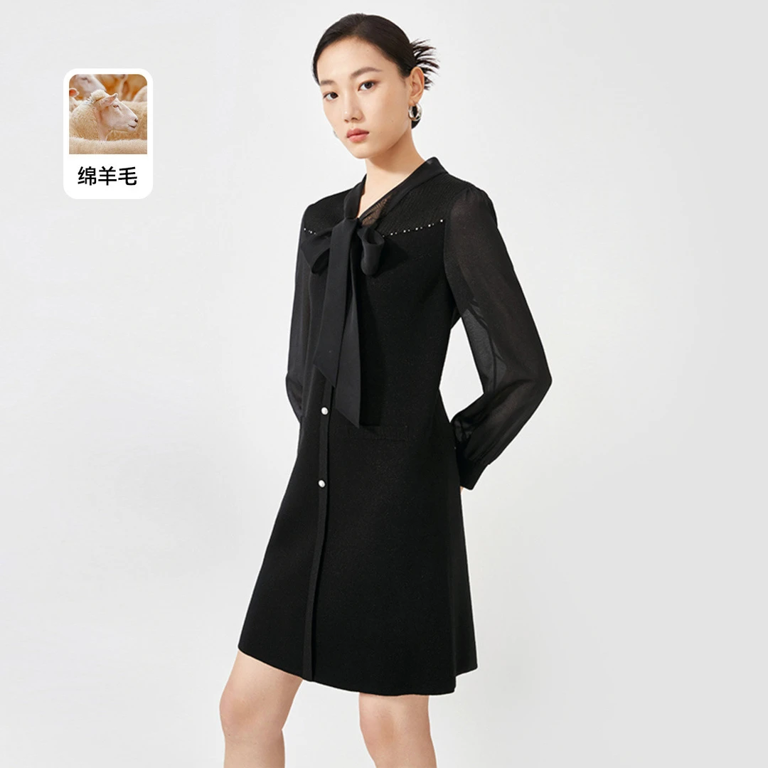 【婷婷专属】羊毛秋款女飘带领法式收腰显瘦连衣裙A字裙女款针织裙