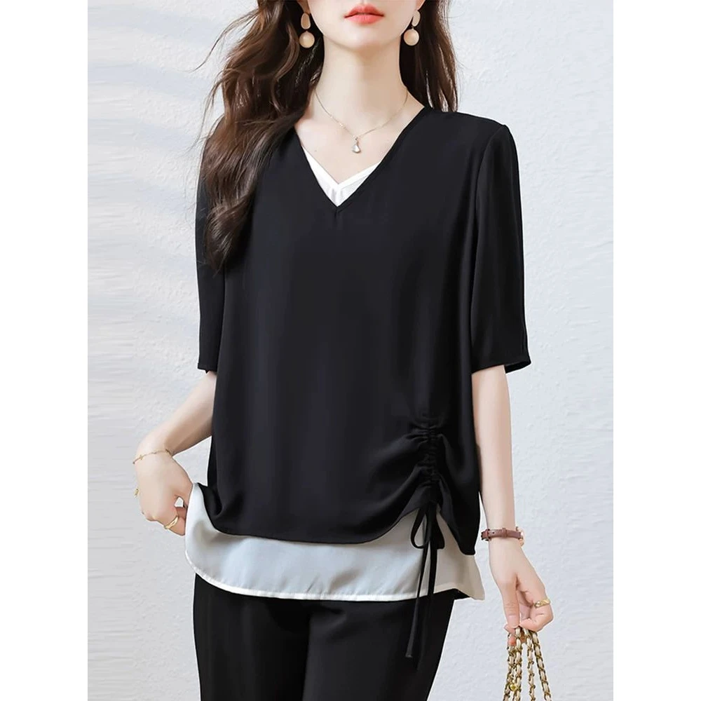 2-300斤大码假两件雪纺衫拼接百搭抽褶胖时尚简约领短袖上衣女