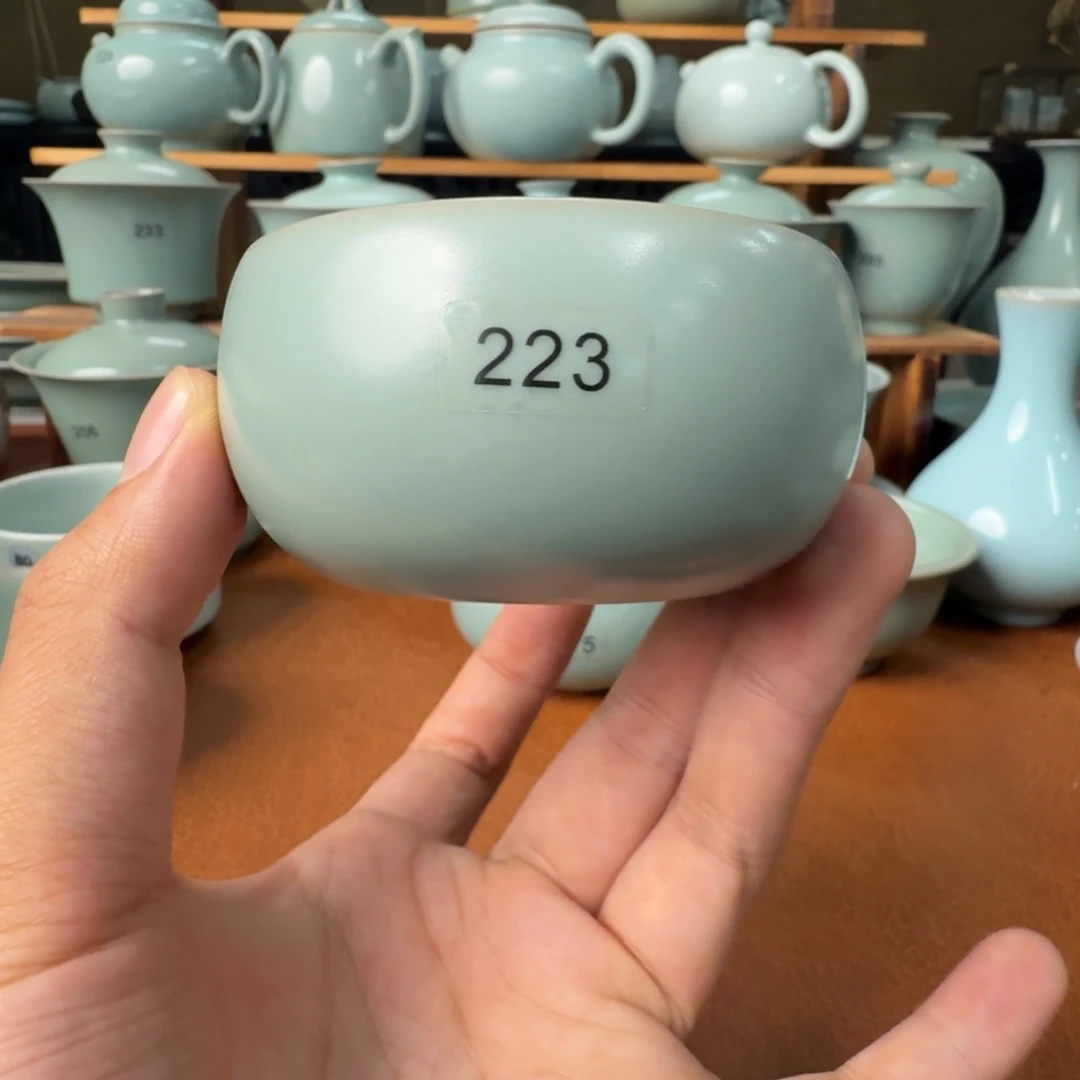 陶摆件微瑕仿古青绿薄胎禅定杯