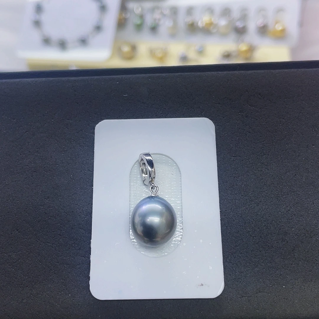 银S925镶嵌海水珍珠颈饰铂金灰吊坠11.9mm