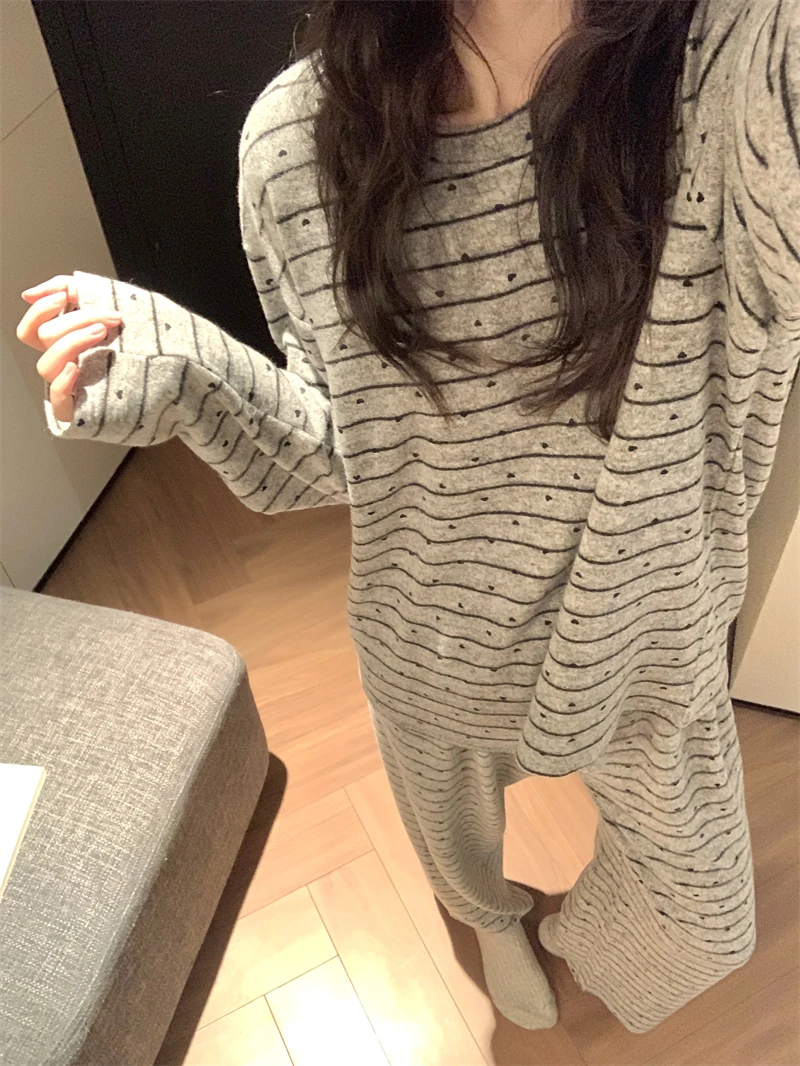 韩版条纹女睡衣家居服套装秋冬春秋慵懒风显瘦套装百搭网红休闲