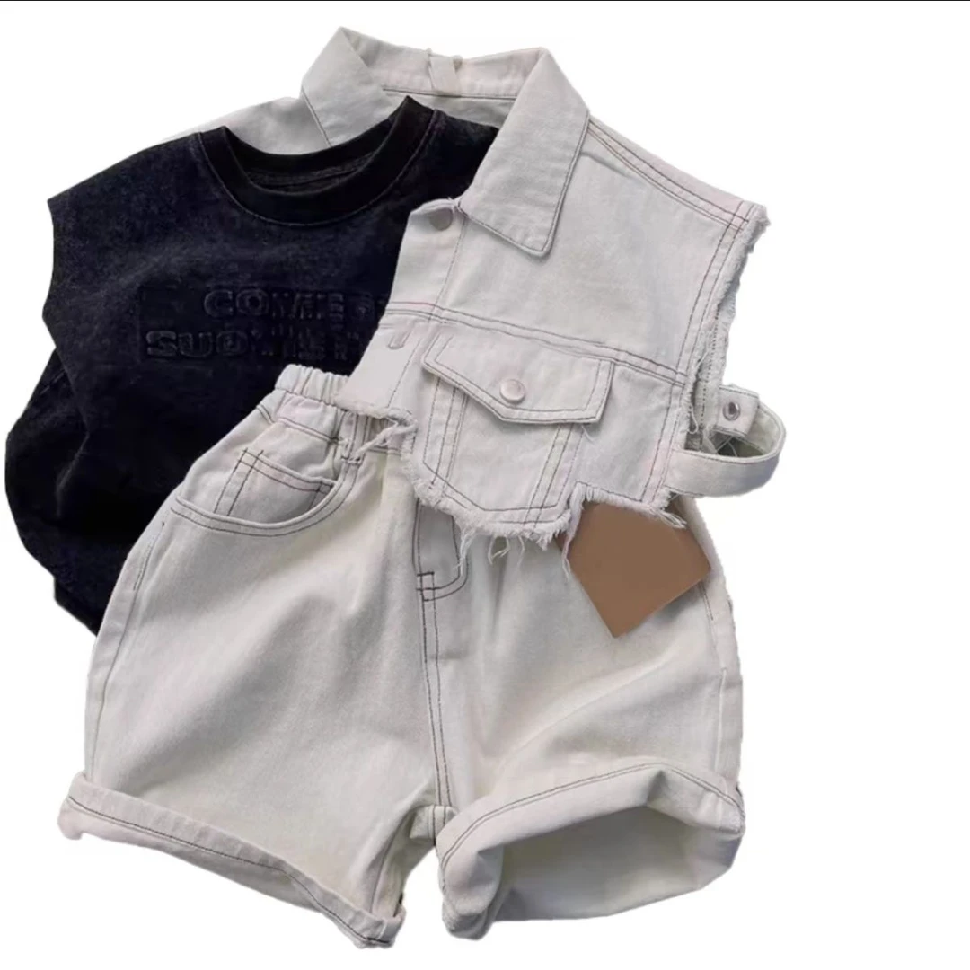 童夏装牛仔套装痞帅炸街时髦宽松儿童牛仔衬衫薄款短裤三件套