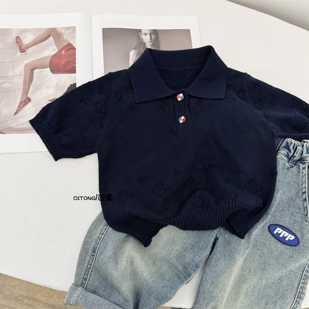 【幂姐专属】夏季儿童Polo领彩扣纯色镂空短袖春夏中小童针织T恤