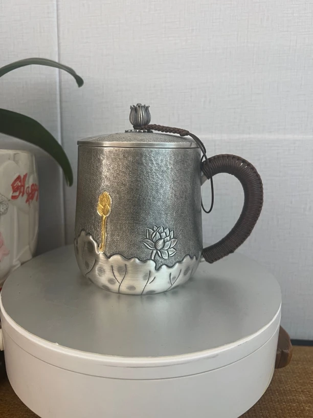 999银做旧荷花茶杯