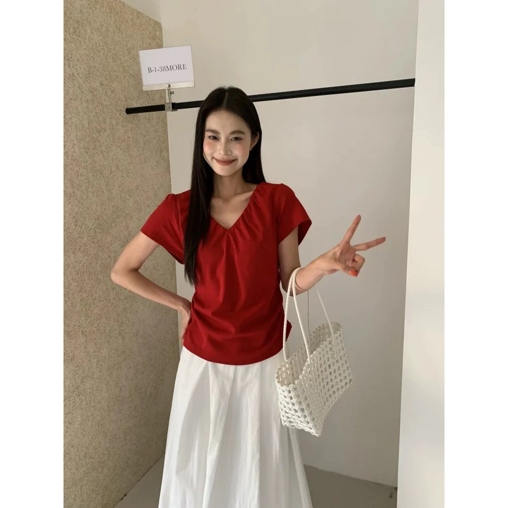 欧货2025夏季新款显瘦褶皱收腰纯色V领短袖t袖时尚洋气上衣女