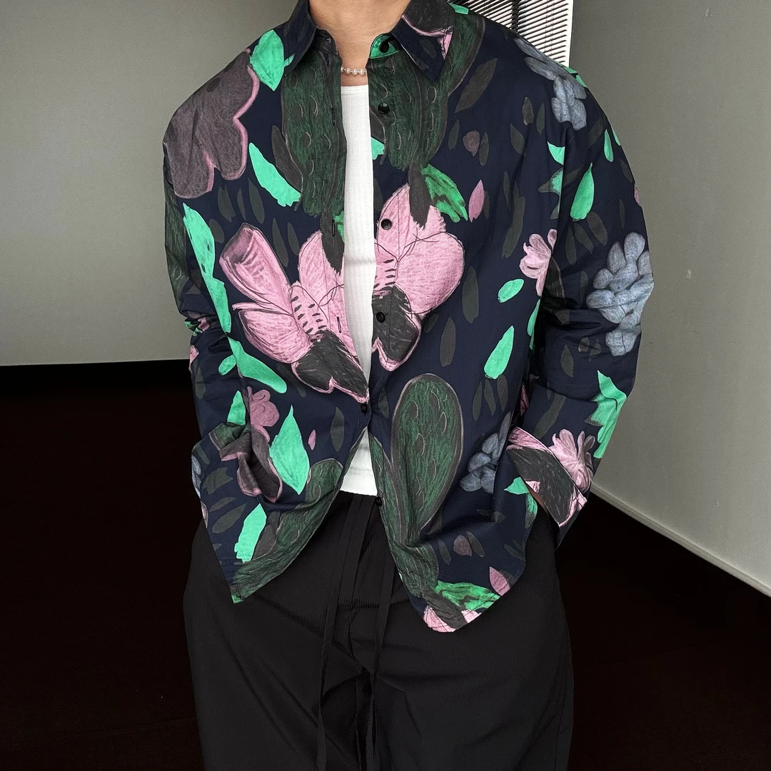 陆星家【纯棉涂鸦】夏季高级感印花长袖衬衫港风男士小众宽松C282