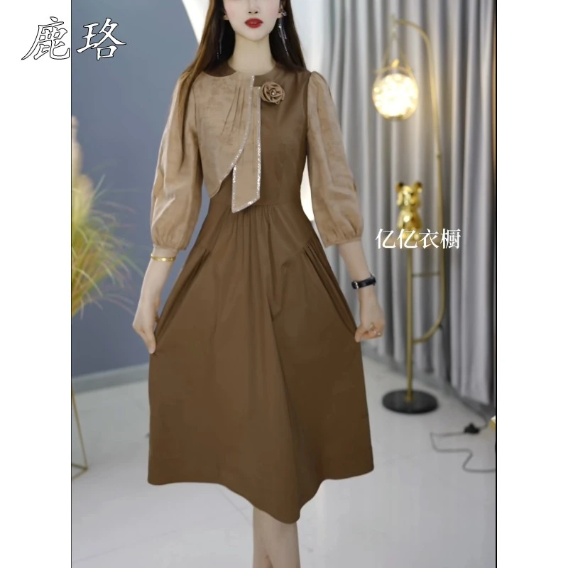 高端时尚七分袖连衣裙女装2025春季新款女士气质收腰显瘦遮肉裙子