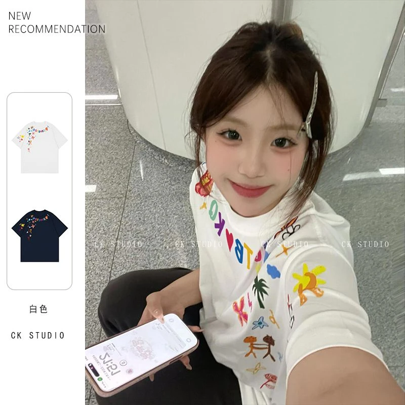 260g重磅宽松透气短袖上衣ins夏季爆款涂鸦设计纯棉白t恤#T018952