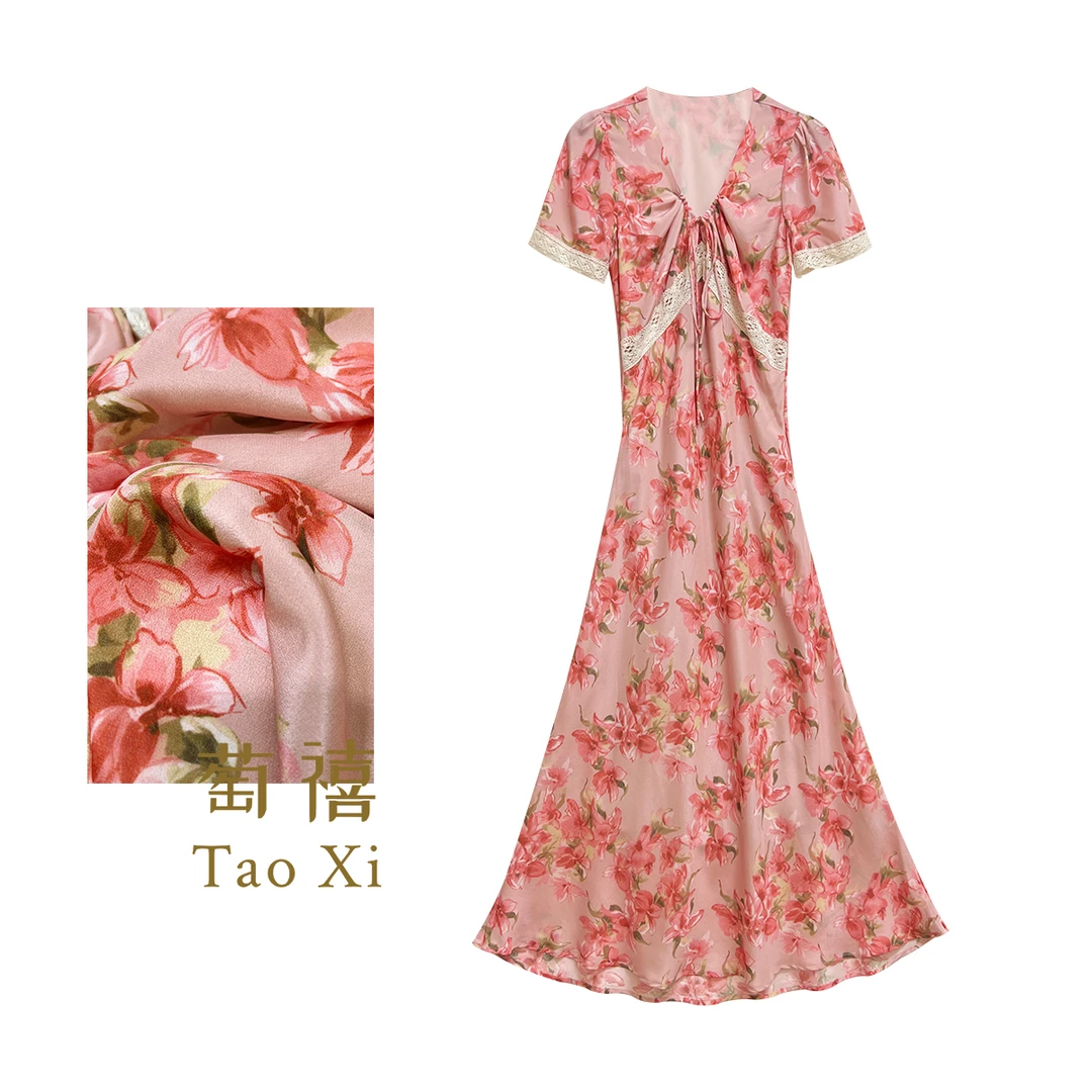 【萄禧】蕾丝拼接碎花抽褶V领气质显瘦高腰连衣裙TX05QZ0384